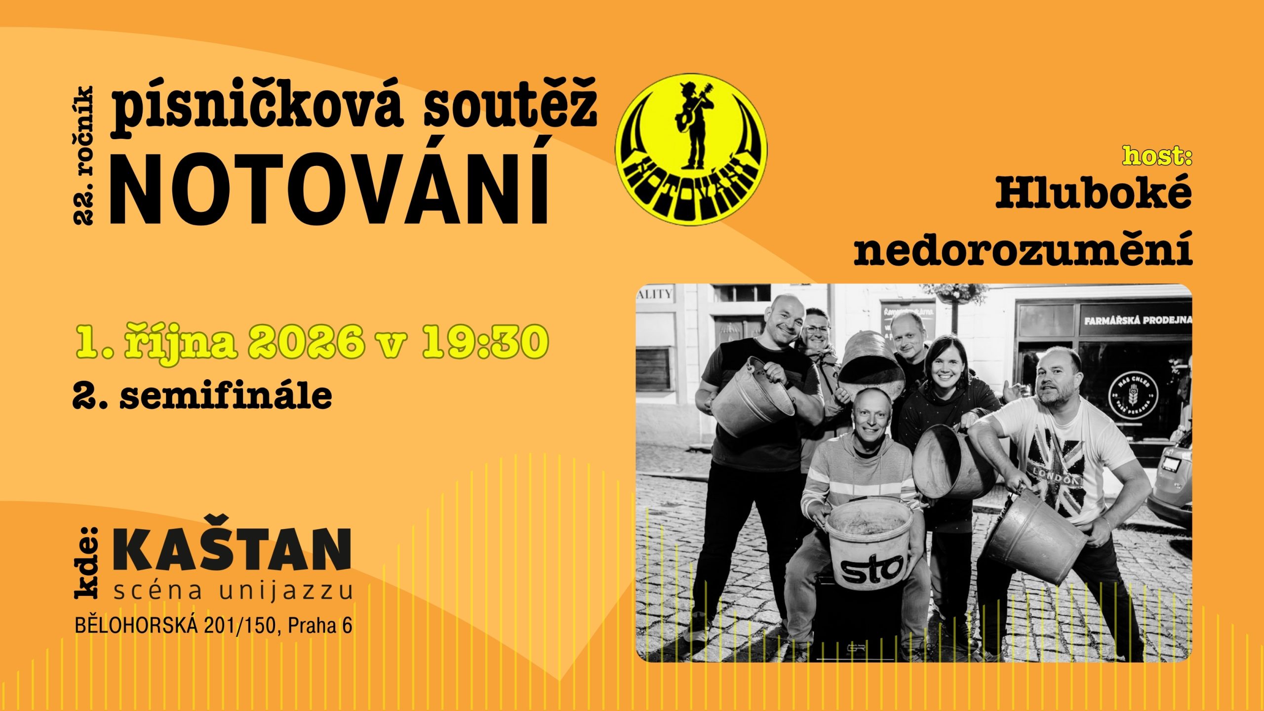 Notování – 2. semifinále, 1. října 2026 od 19:30 v Kaštanu, Praha 6. Host: Hluboké nedorozumění.